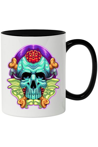 INOVATIX Personalized white mug, Skull, Brain, Bones, Mushrooms, Abstract, with Black Handle, INOVATIX®. 330ml