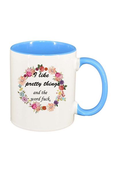 INOVATIX Personalized white mug, Flowers, I like pretty things..., blue interior, D1050, INOVATIX®. 330ml