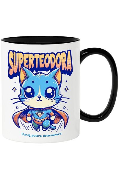 INOVATIX Personalized white mug, Super Teodora, Superhero, Flying Cat, with Black Handle, INOVATIX®. 330ml