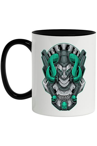 INOVATIX Personalized white mug, Taurus, Robot, Mecha, Cables, Crystals, SF, with Black Handle, INOVATIX®. 330ml