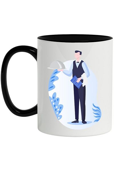 INOVATIX Personalized white mug, Waiter, Menu, Services, Clos, with Black Handle, INOVATIX®. 330ml