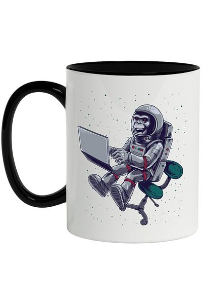 INOVATIX Personalized white mug, Monkey, Spatium Laptop, Astronaut, with Black Handle, INOVATIX®. 330ml