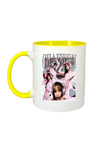 INOVATIX Personalized White Mug, Chaewon Band, Yellow Handle and Interior, ®. 330ml