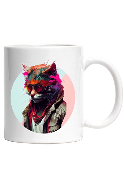 INOVATIX Εξατομικευμένη λευκή κούπα, Πορτρέτο, Γάτα, Γυαλιά, Μπουφάν, Περιπετ...