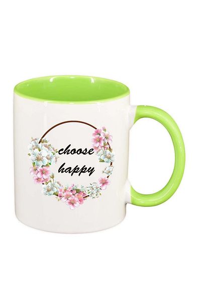 INOVATIX Personalized white mug, Flowers, Happy, light green interior, D1039, INOVATIX®. 330ml