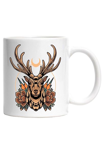 INOVATIX Personalized white mug, Deer, Moon, Flowers, Leaves, Spikes, Totem, Circle, INOVATIX®. 330ml