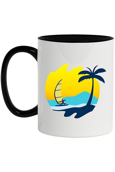 INOVATIX Personalized white mug, Windsurf, Palm Tree, Sunset, Sea, with Black Handle, INOVATIX®. 330ml