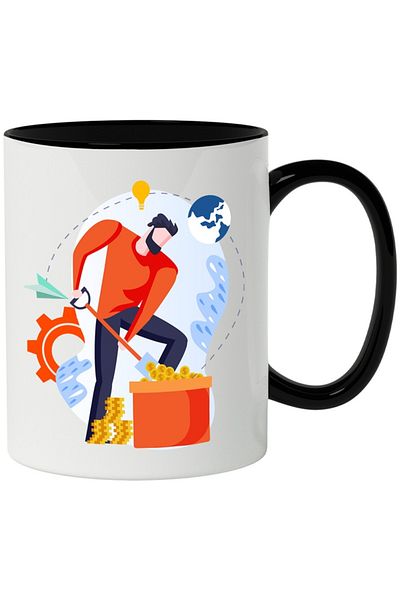 INOVATIX Personalized white mug, Coins, Financial, Money, Airplane, Shovel, with Black Handle, INOVATIX®. 330ml
