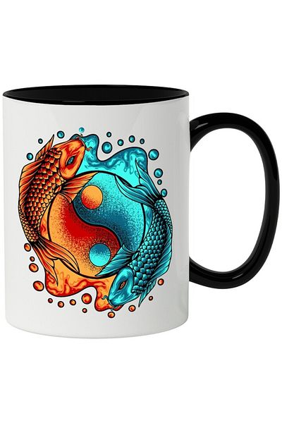 INOVATIX Personalized white mug, Koi Fish, Ying Yang, Libra, Asian, with Black Handle, INOVATIX®. 330ml