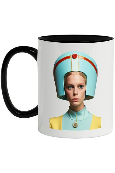 INOVATIX Personalized white mug, Portrait, Face, Hat, Futuristic, Brooch, with Black Handle, INOVATIX®. 330ml