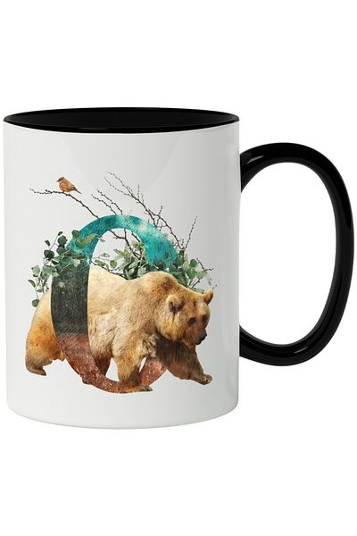 INOVATIX Personalized white mug, Bear, Bird, Forest, O, with Black Handle, INOVATIX®. 330ml