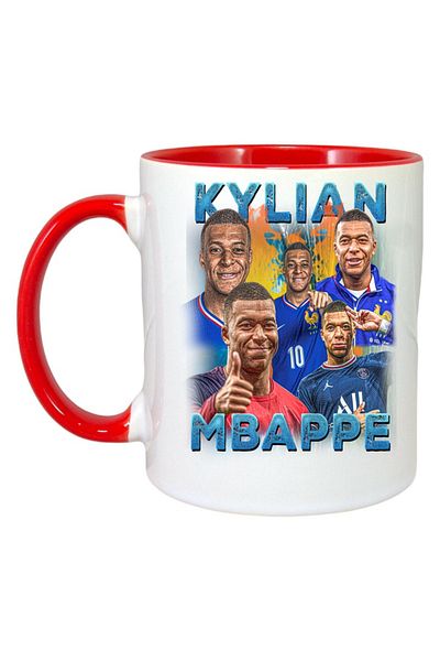 INOVATIX Personalized White Mug, Kylian Mbappe France Top, Red Handle and Interior, ®. 330ml