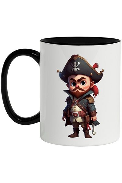 INOVATIX Personalized white mug, Pirate, Beard, Hat, Costume, Hook, with Black Handle, INOVATIX®. 330ml