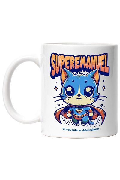 INOVATIX Personalized white mug, Super Emanuel, Superhero, Flying Cat, INOVATIX®. 330ml