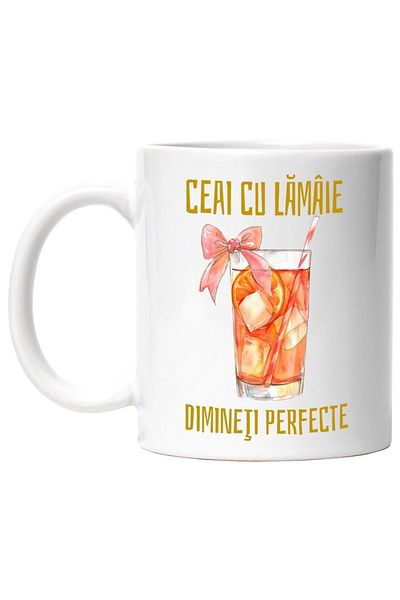 INOVATIX Personalized white mug, lemon tea perfect mornings glass with straw and bow, INOVATIX®. 330ml