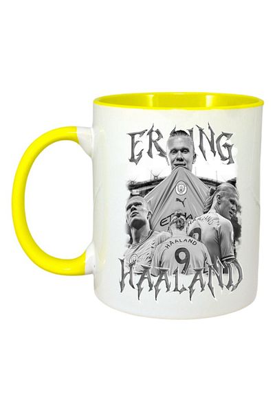 INOVATIX Personalized White Mug, Erling Haaland, Yellow Handle and Interior, ®. 330ml