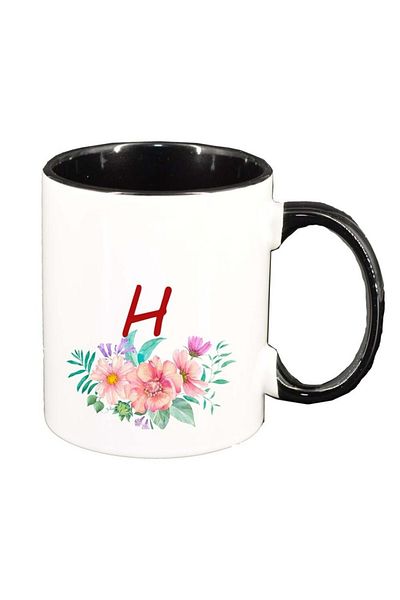 INOVATIX Personalized white mug, Flowers with alphabet, black interior, D942, INOVATIX®. 330ml