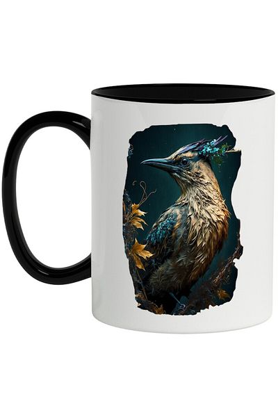 INOVATIX Personalized white mug, Bird, Leaves, Autumn, Branch, Feathers, with Black Handle, INOVATIX®. 330ml