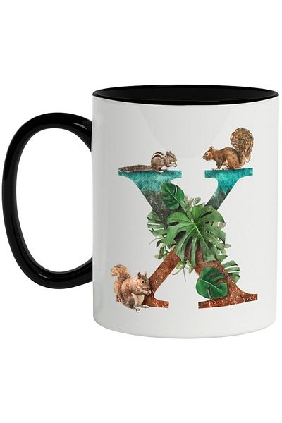 INOVATIX Personalized white mug, Letter, X, Squirrels, Leaves, with Black Handle, INOVATIX®. 330ml