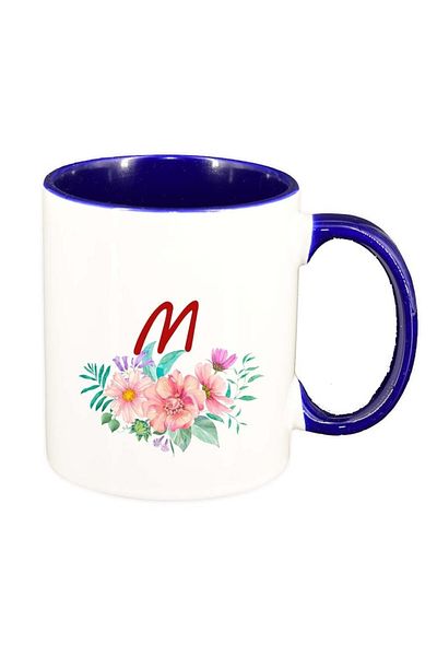 INOVATIX Personalized white mug, Flowers with alphabet, dark blue interior, D945, INOVATIX®. 330ml