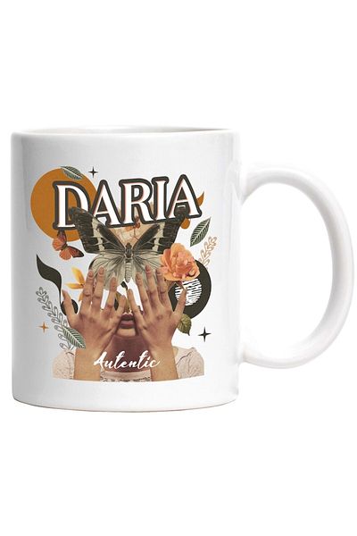 INOVATIX Personalized white mug, Name Daria, Girl Collage, Butterfly, Flowers, Circle, INOVATIX®. 330ml