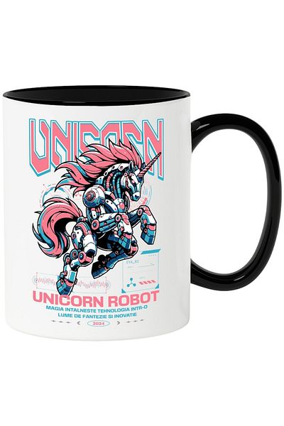 INOVATIX Personalized white mug, Unicor Robot Rainbow Robot, with Black Handle, INOVATIX®. 330ml