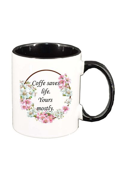 INOVATIX Personalized white mug, Flowers, Coffee saves life, black interior, D1040, INOVATIX®. 330ml