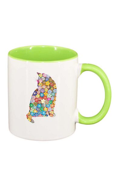 INOVATIX Personalized white mug, Flowers, Cat, light green interior, D995, INOVATIX®. 330ml