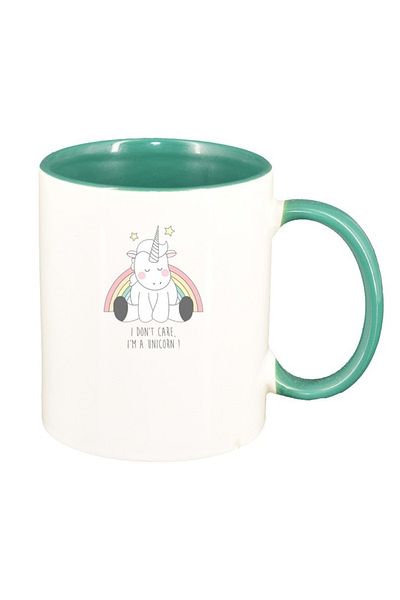 INOVATIX Cana alba personalizata, I Don't Care - Unicorn, interior verde, D1430, INOVATIX®. 330ml