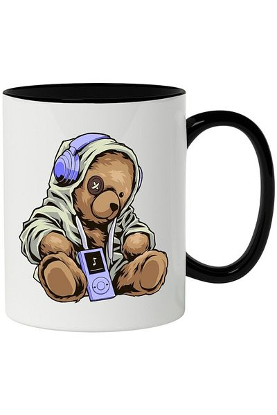 INOVATIX Personalized white mug, Teddy Bear, Hoodie, Headphones, Music, with Black Handle, INOVATIX®. 330ml