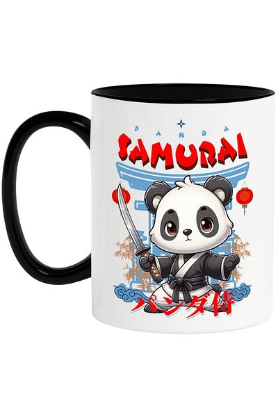 INOVATIX Personalized white mug, Panda Samurai, with Black Handle, INOVATIX®. 330ml