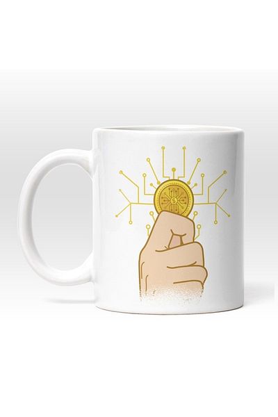 INOVATIX Personalized white mug, Hand holding Crypto Currency Bitcoin, Yellow, INOVATIX®. 330ml