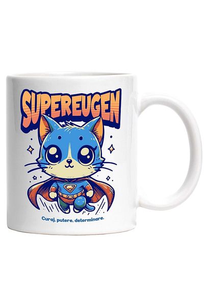 INOVATIX Personalized white mug, Super Eugen, Superhero, Flying Cat, INOVATIX®. 330ml