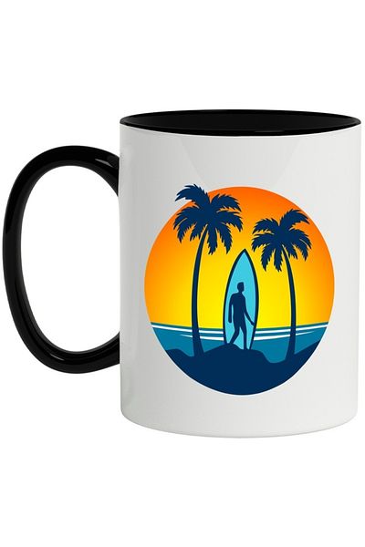 INOVATIX Personalized white mug, Surfer, Palm Trees, Sunset, Sea, with Black Handle, INOVATIX®. 330ml