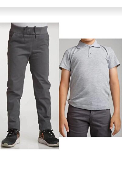 BAGİSTA BUTİK Children's Gray Linen (Elastic Waist) Pants Gray Short Sleeve School Lakos