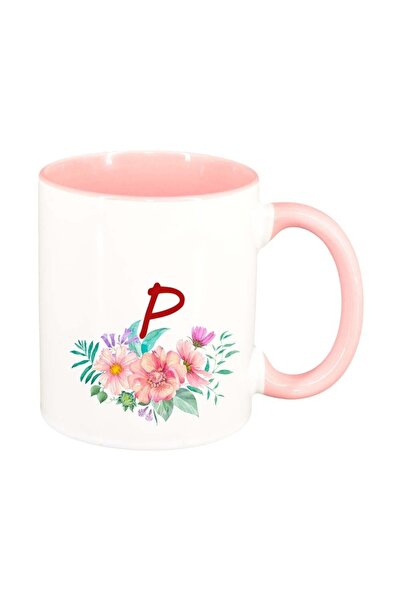 INOVATIX Εξατομικευμένη λευκή κούπα, Λουλούδια με αλφάβητο, ροζ εσωτερικό, D9...