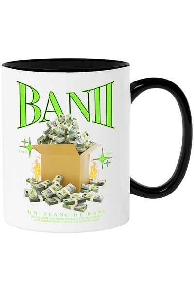 INOVATIX Personalized white mug, A bunch of Romanian money - 500 RON, with Black Handle, INOVATIX®. 330ml