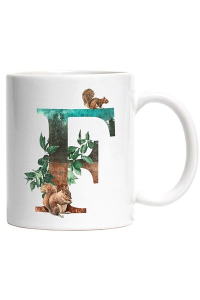 INOVATIX Personalized white mug, Letter, E, Squirrels, Leaves, INOVATIX®. 330ml
