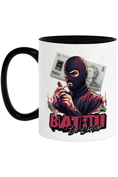 INOVATIX Personalized white mug, Boys of Cartier - 500 Romanian Lei, with Black Handle, INOVATIX®. 330ml
