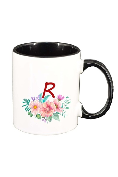 INOVATIX Εξατομικευμένη λευκή κούπα, Λουλούδια με αλφάβητο, μαύρο εσωτερικό, ...