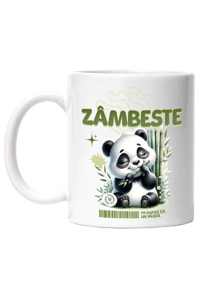 INOVATIX Cana alba personalizata, urs panda pui zambeste fii pufos ca un panda, INOVATIX®. 330ml