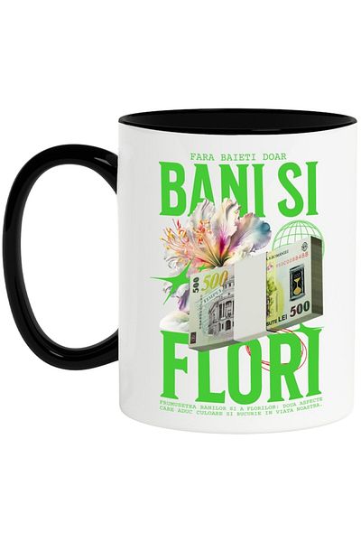 INOVATIX Personalized white mug, No Boys Just Money and Flowers, with Black Handle, INOVATIX®. 330ml
