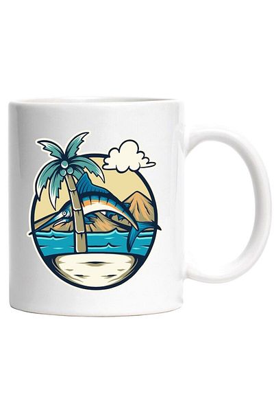 INOVATIX Personalized white mug, Swordfish, Island, Mountains, Water, Clouds, Palm Tree, INOVATIX®. 330ml