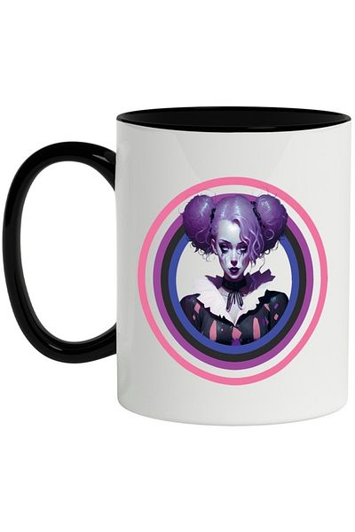 INOVATIX Personalized white mug, Woman, Costume, Fantasy, Clown, Curly Hair, with Black Handle, INOVATIX®. 330ml