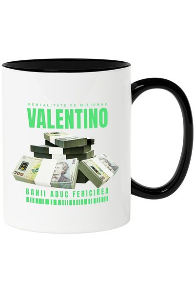 INOVATIX Personalized white mug, _Valentino_ - Money Brings Happiness, with Black Handle, INOVATIX®. 330ml