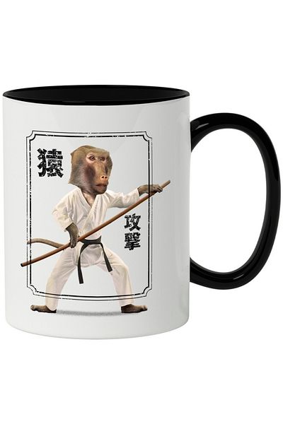 INOVATIX Personalized white mug, Monkey, Karate, Kung Fu, Bat, Fighter, with Black Handle, INOVATIX®. 330ml