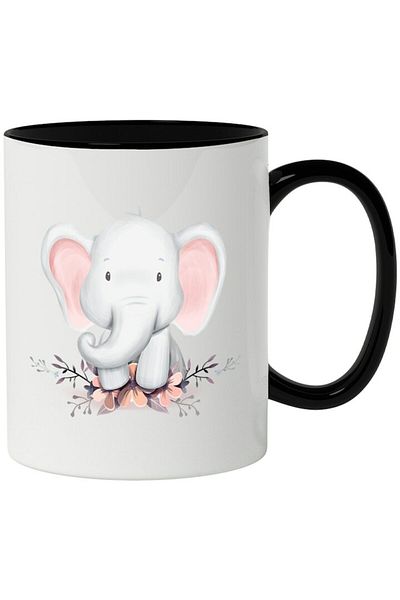 INOVATIX Personalized white mug, Elephant, Chicken, Flowers, Leaves, with Black Handle, INOVATIX®. 330ml