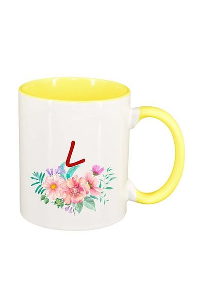 INOVATIX Personalized white mug, Flowers with alphabet, yellow interior, D944, INOVATIX®. 330ml