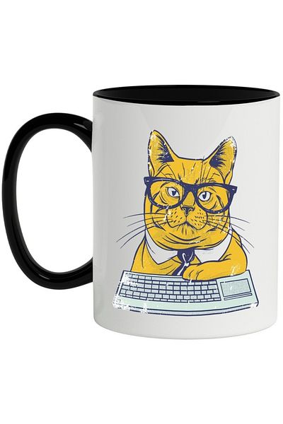 INOVATIX Personalized white mug, , Office, Glasses, Keyboard, Tie, with Black Handle, INOVATIX®. 330ml