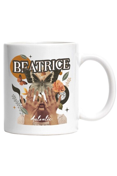 INOVATIX Cana alba personalizata, Numele Beatrice, Colaj Fata, Fluture, Flori...